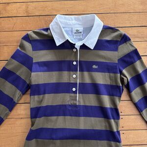 Vtg Lacoste Polo Women 38/US S Purple Green Striped Long Sleeve Top Collar Prep
